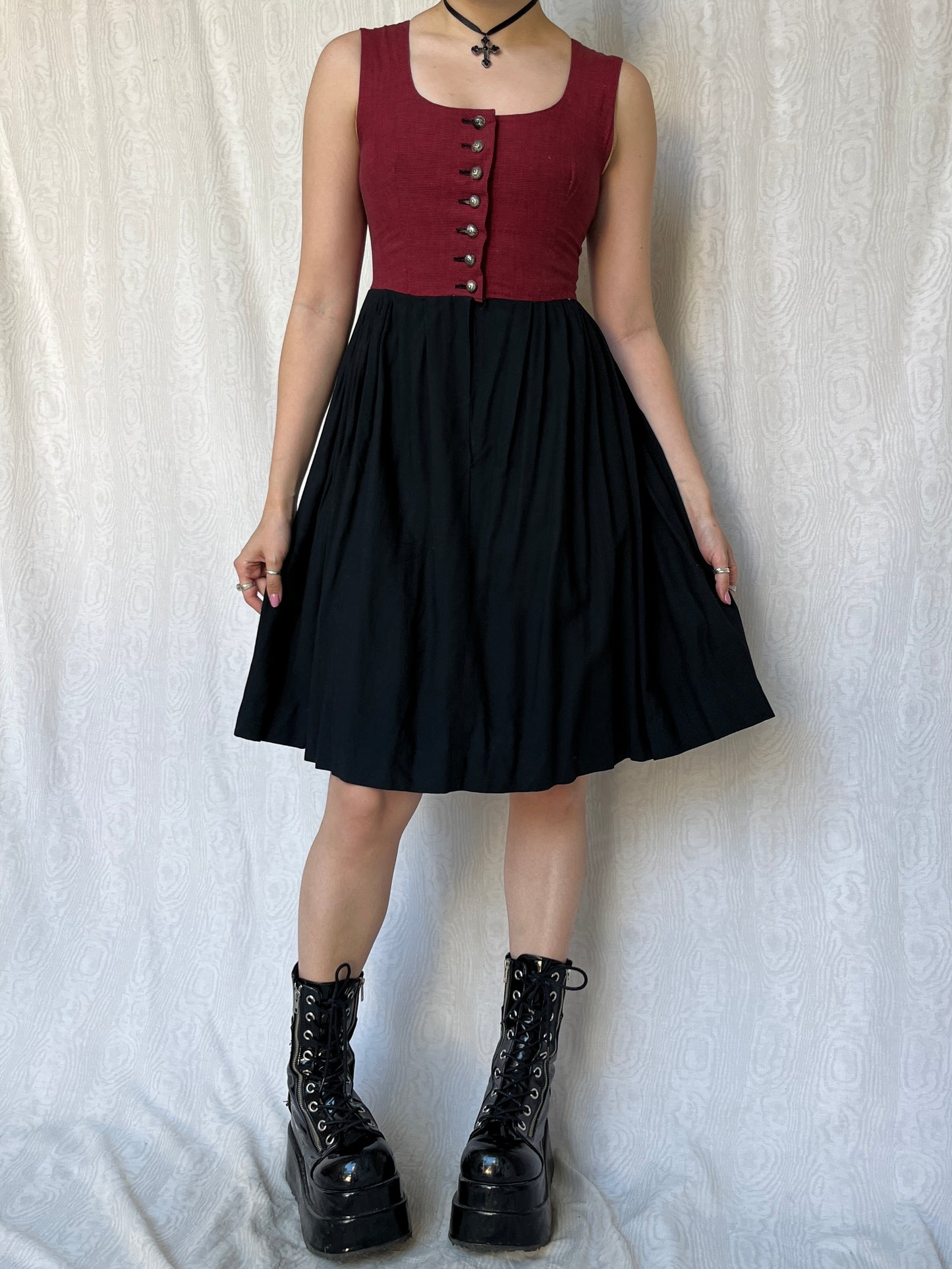 Vintage 00s Cottage Red & Black Knee Dress (XS)