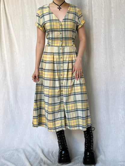 Vintage 90s Cottage Yellow Plaid Maxi Dress (S/M)