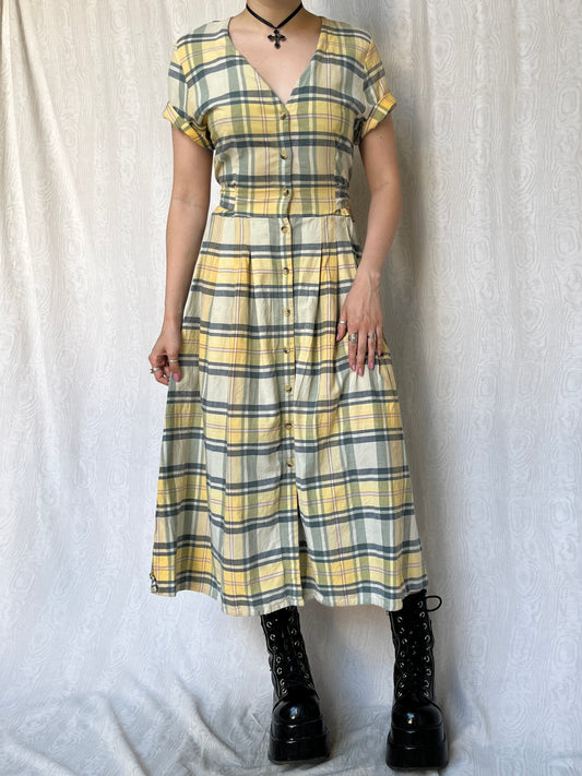 Vintage 90s Cottage Yellow Plaid Maxi Dress (S/M)