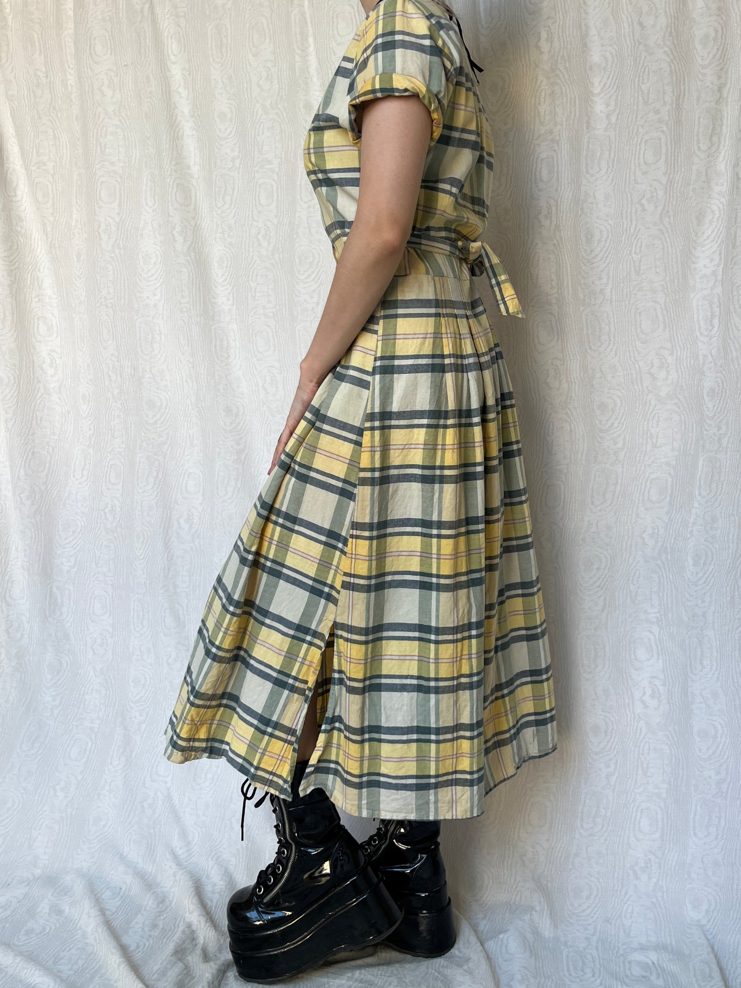 Vintage 90s Cottage Yellow Plaid Maxi Dress (S/M)