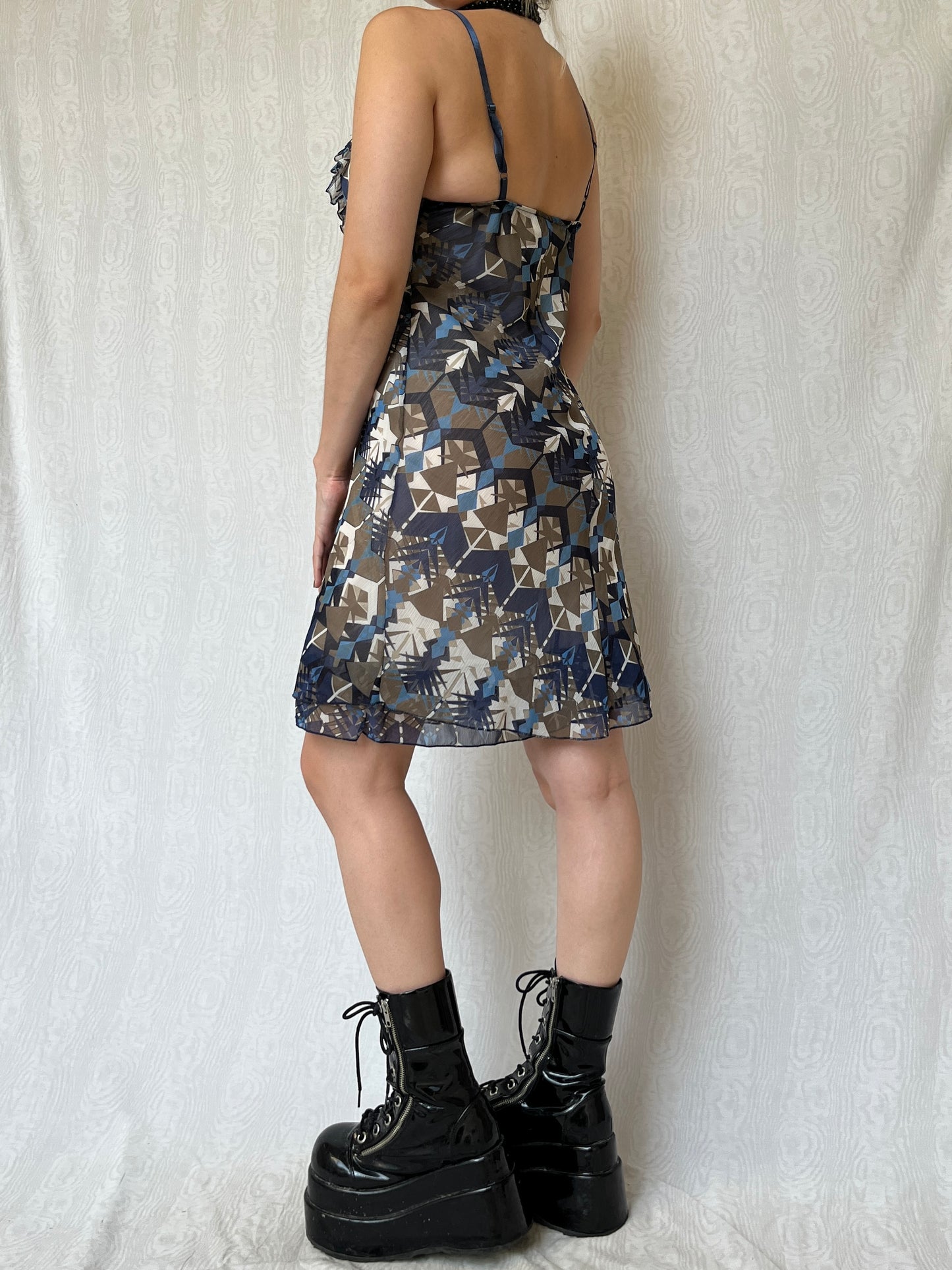 Vintage 00s Eclectic Graphic Ruffled Knee Dress (S/M)