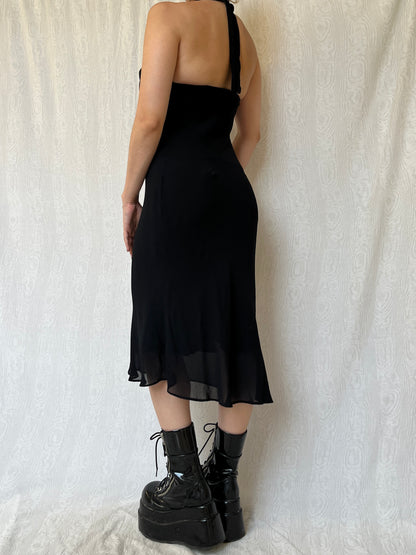 Vintage 00s Romantic Goth Halter Midi Dress (S)