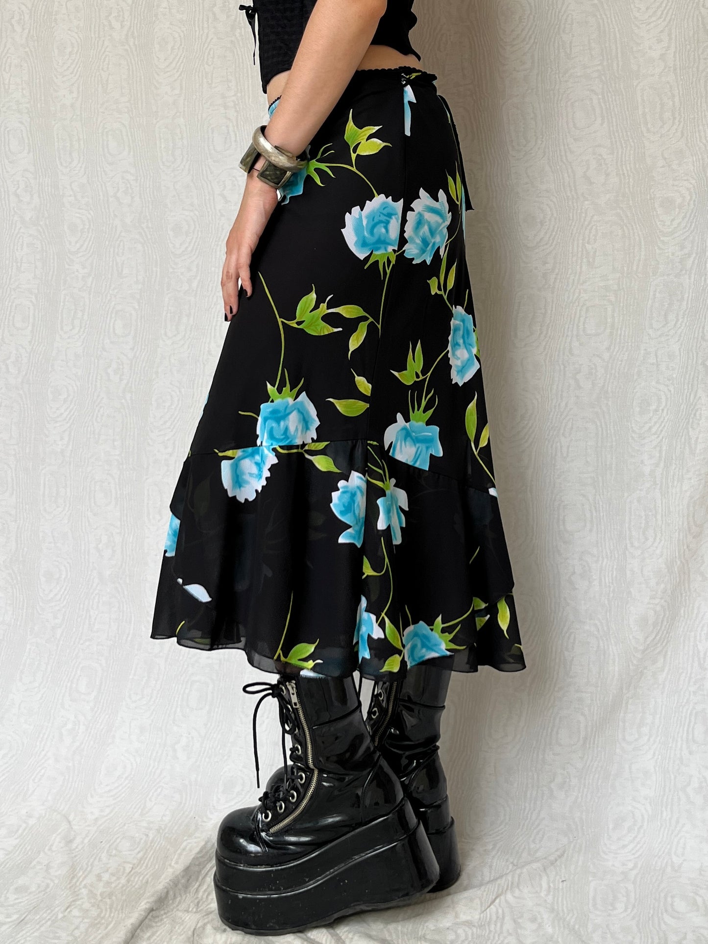 Vintage 90s Grunge Fairy Blue Rose Graphic Midi Skirt (M)