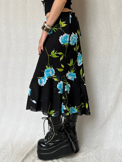Vintage 90s Grunge Fairy Blue Rose Graphic Midi Skirt (M)