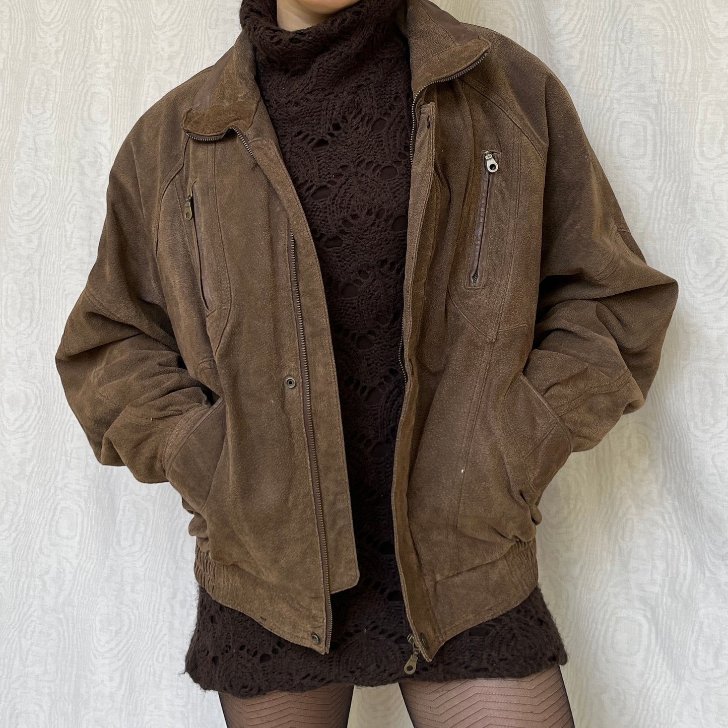 Vintage 90s Light Brown Suede Bomber Jacket (L)