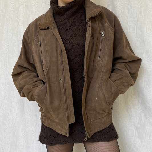 Vintage 90s Light Brown Suede Bomber Jacket (L)