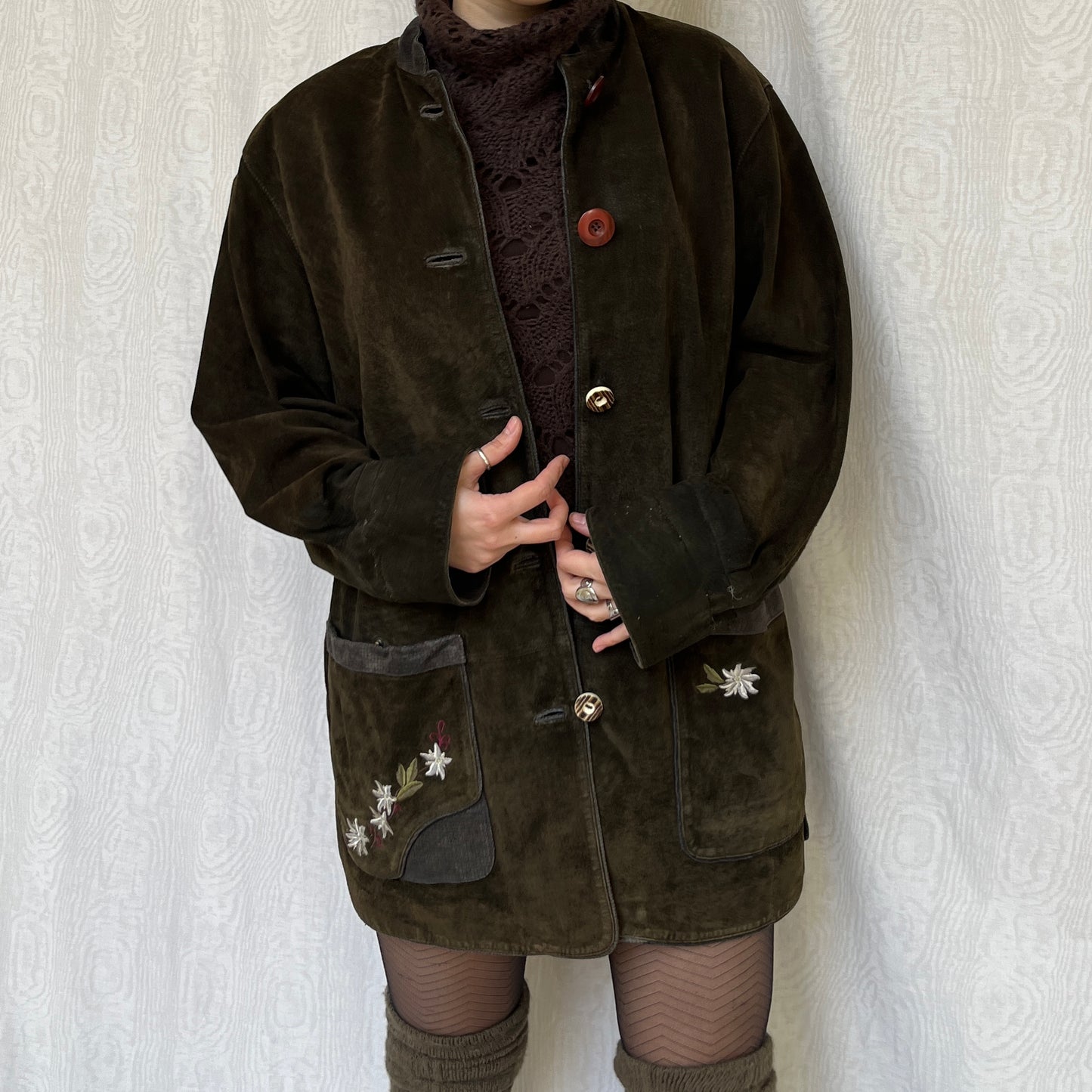 Vintage 90s Cottage Khaki Green Suede Jacket (L/XL)