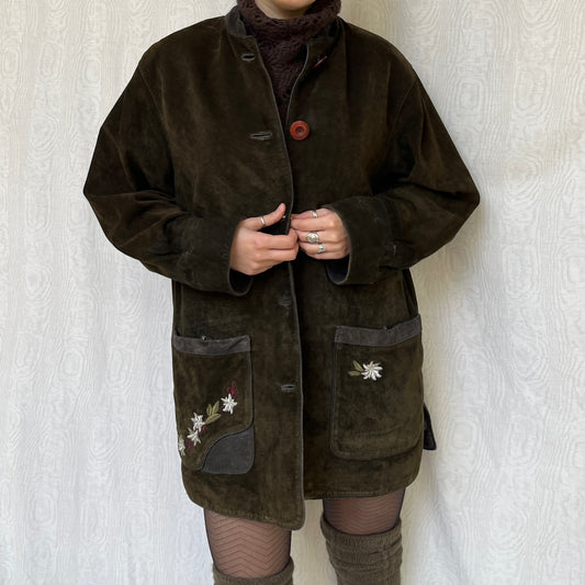 Vintage 90s Cottage Khaki Green Suede Jacket (L/XL)