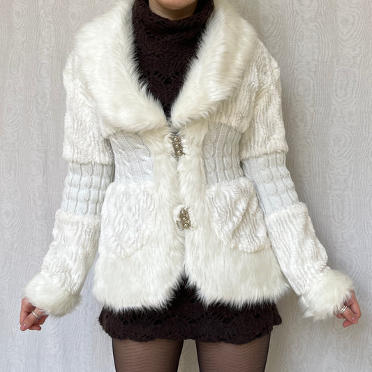 Vintage 00s Coquette White Fur Cardigan (M)