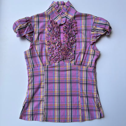 Vintage 00s Coquette Pink Plaid Fitted Blouse (XS)