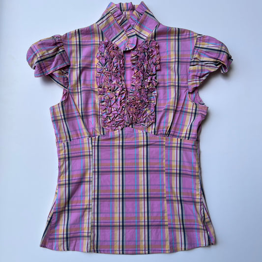 Vintage 00s Coquette Pink Plaid Fitted Blouse (XS)