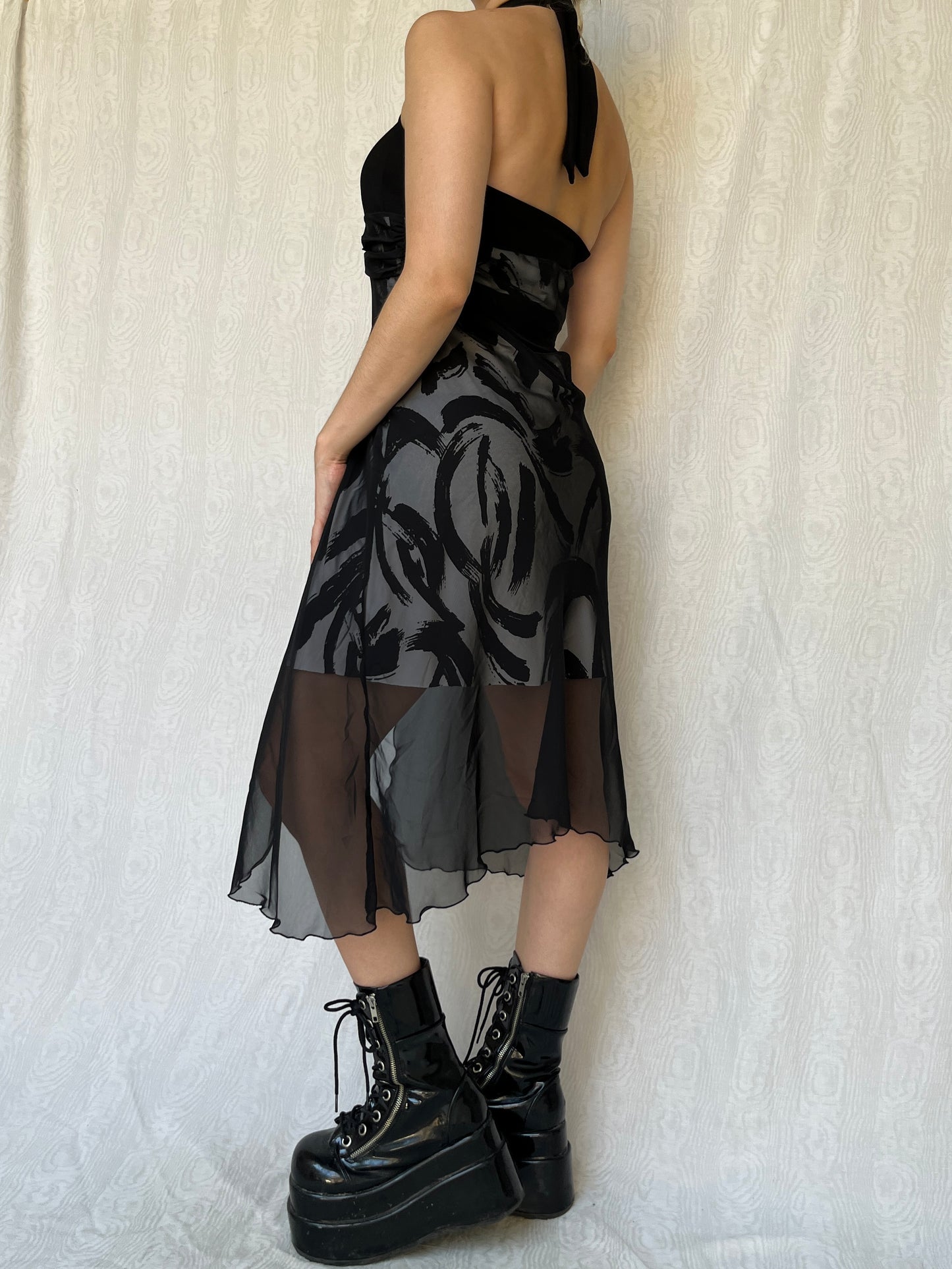 Vintage 00s Eclectic Romantic Cocktail Mini Dress w Mesh Overlay (M/L)